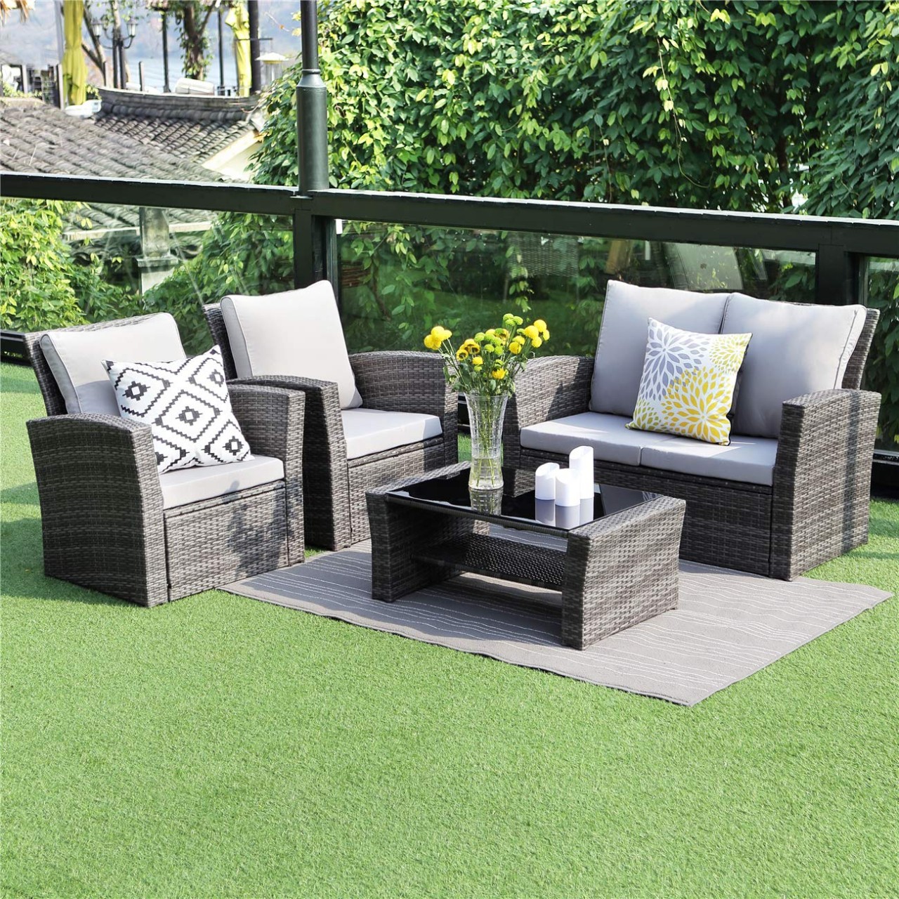5 Piece Outdoor Patio Furniture Sets, Wicker Ratten Sectional Sofa with